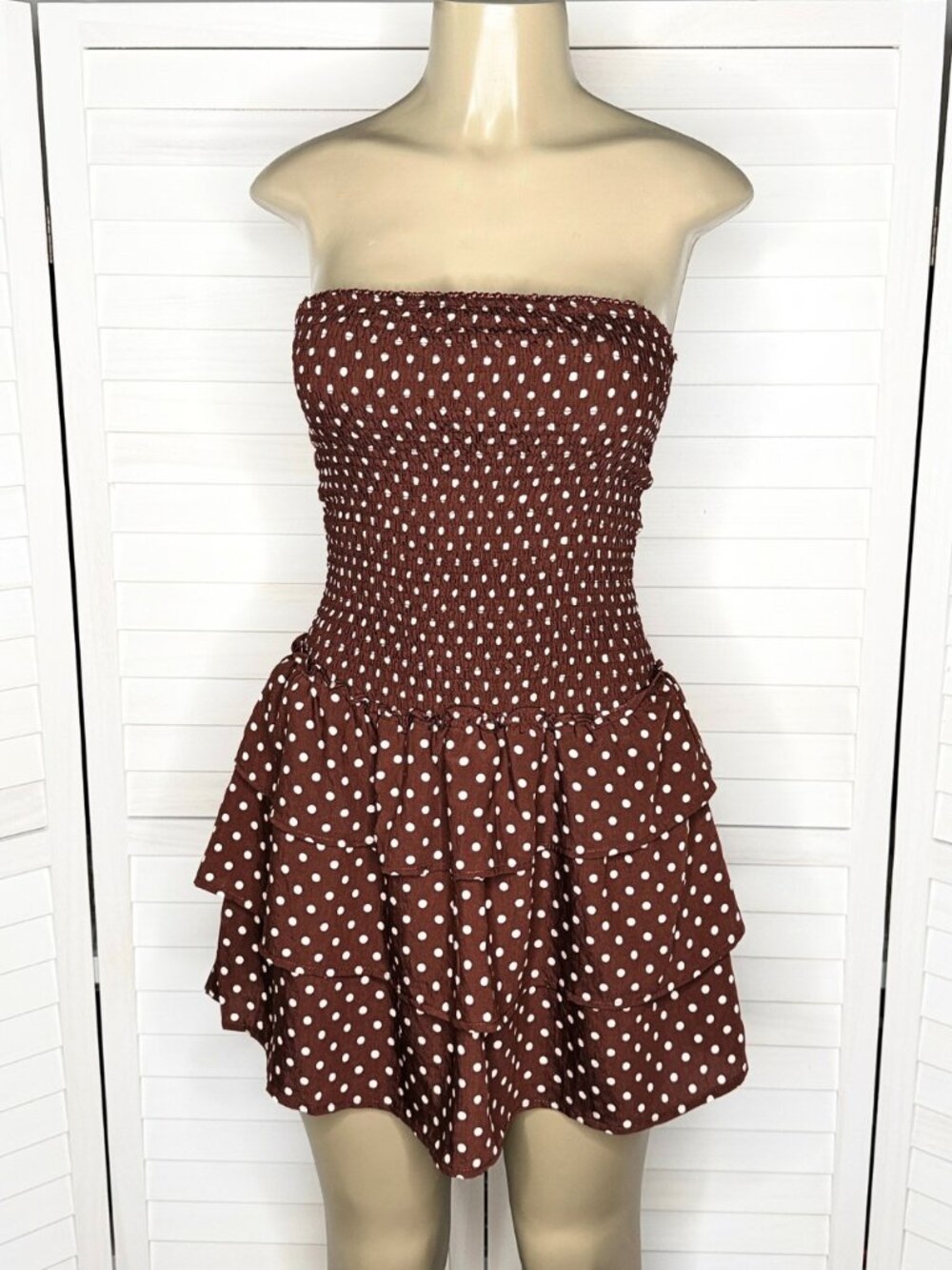 Love Tree Brown Polka Dot Smocked Ruffle Strapless Mini Dress
